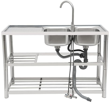 Évier à double bol, lavabo d'extérieur avec robinet chaud et froid, autonome, avec 2 bacs, lavabo multifonction en acier inoxydable, pour garage, buanderie, camping, 120 x 4 cm