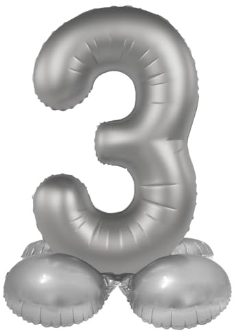 Folat 10533 Zahlen Luftballon Silber Stehender Folienballon Zahl 3 - Moonlight Silver - Satin Gloss - 72 cm - Party Deko Ballon für Kinder Geburtstag Jubiläum, kein Helium erforderlich