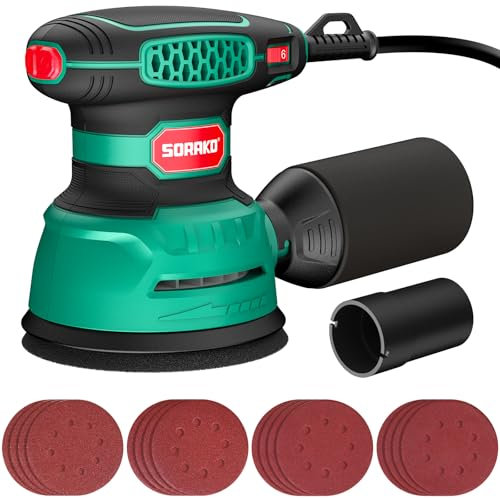 SORAKO Orbital Sander 350W, 125MM Random Orbital Sander, 6 Adjustable Speeds, 16pcs Sandpaper, with Dust Collection and Quick Brake Function, for Sanding, Polishing Wood, DIY, Home Improvement
