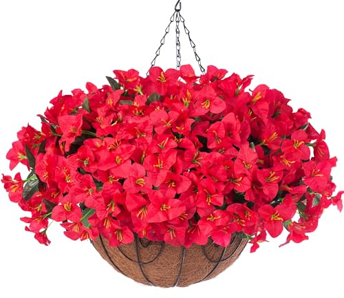 Artificial Fake Hanging Flowers for Outdoors with Basket Faux Plants Silk Bougainvillea Flower in Planter Look Real UV Resistant Faux Flower for Outside Porch Patio Garden Yard Home Decor, Red