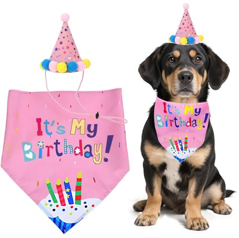 Hund Geburtstag Bandana Hut Set Hunde Geburtstag Party Zubehör, Lustiges Hundegeburtstag Accessoire, Adjustierbar Halstuch und Party Mütze Rosa