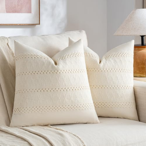Fancy Homi Set de 2 fundas de cojín decorativas, algodón suave, tejido de macramé, estéticas, modernas, rústicas, bohemias, bonitas, para hogar, sofá, cama, 45,7 x 45,7 cm, crema