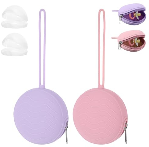 Jeqqinuz 2 Pack Pacifier Holder Case, BPA-Free Silicone Portable Pacifier Case Holder Pouch for Baby Boys & Girls, Travel Storage Container for Newborn, Diaper & Strollers(Pink/Purple)