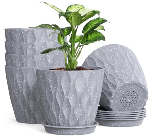 Homeuouz 12.5cm Plant Pots, 6 Pack Plastic Flower Pots with Drainage Holes and Saucers, Indoor Outdoor Planters for Succulent and All House Plants(Grey With Speckles)