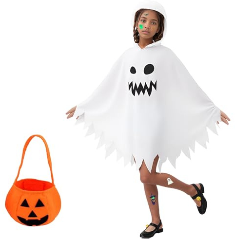 Werownsgso Cape fantôme pour enfants avec autocollants lumineux citrouille, sac de bonbons, robe fantôme, costume d'Halloween, convient pour les jeux de rôle, carnaval, Halloween, fête costumée