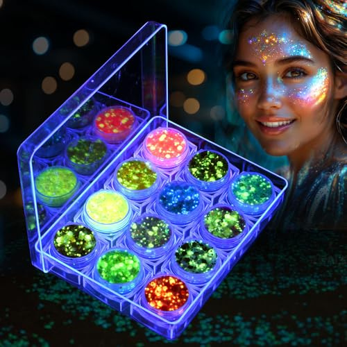 AOOWU Fluoreszierendes Glitzer, 12 Colori Fluorescente Paillettes Gel Gel Glitter Per Corpo Set Glitter Iridescent, Glitter Cosmetic per Unghie, Capelli, Halloween, Carnevale#01