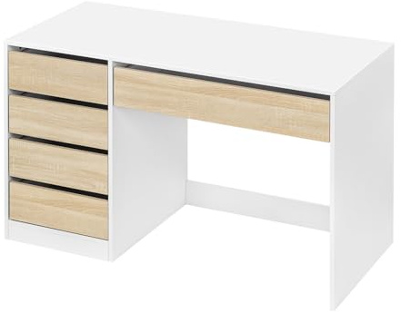 eSituro Escritorio con 5 Cajones, MDF, 120x55x75 cm, Blanco-Beige