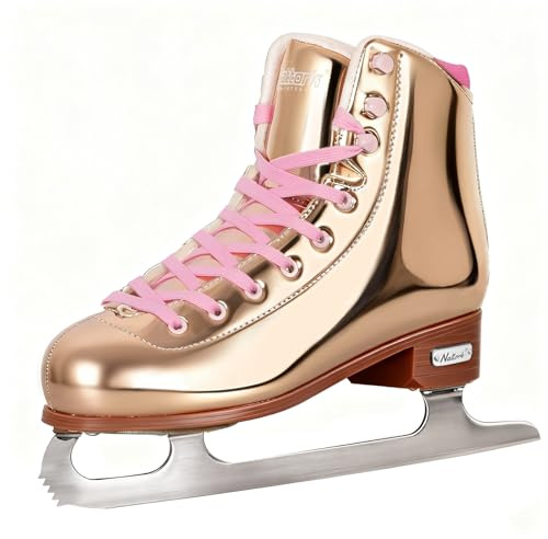 Nattork Figure Skates for Girls and Boys Excellence Stainless Steel Blades Ice Figure Skating with Enhanced Support Strength Performance and Ultimate Comfort Golden Shiny