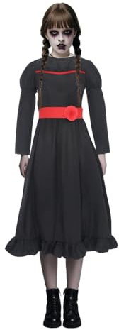 Mythloom Gruselige Puppe Anna Kostüm für Kinder, Mädchen, Horrorpuppe, langes Kleid mit Bund, gruseliges Geister-Rollenspiel-Film-Kostüm, Halloween-Outfits