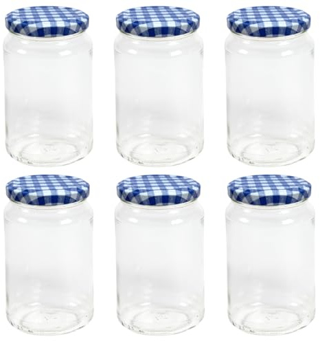Nutley's Glass Preserve Jars with Blue Gingham Twist-Off Lids, 370ml, Pack of 6, for Jam, Pickles, Chutneys, Sauces, Homemade Preserves