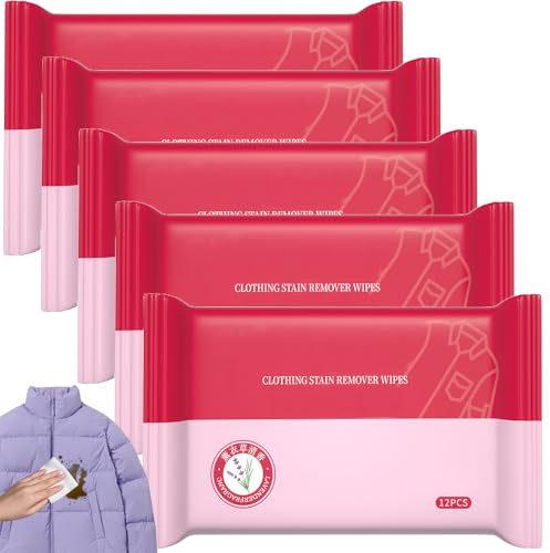5Pack Notwaschfreie Kleidung Flecken Entferner Tücher; 12 Blatt/Packung, Mehrzweckwirksame Fleckenentfernung Kleidung Reinigungstücher