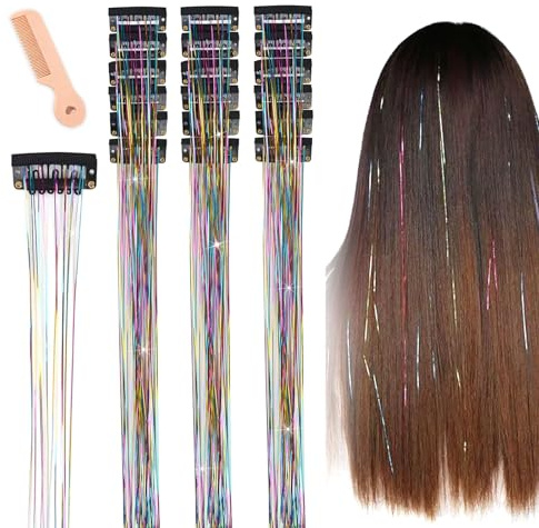 XHYASD 18 Pezzi Ciocche di Capelli Glitterate Clip in Hair Tinsel, Extension Capelli Colorate con Pettine, Ciocche Brillanti per Donna, Ideale per Festival, Feste, Cosplay