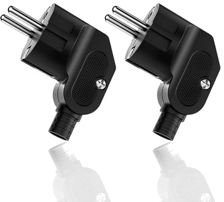 2 Stück Eurostecker,Schuko Stecker 250V 16A Euro Stromstecker,Schutzkontakt Stecker mit Knickschutztülle,Winkelstecker Eurostecker für 8-10mm Kabel,Langlebig und Bruchfest,Schwarz