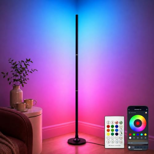 Aogled Lampada da Terra LED RGB Dimmabile per Soggiorno – Lampada con Telecomando & App, 16 Mln Colori, Sincronizzazione Musicale, DIY, 120cm Angolare Smontabile per Gaming, Camera da Letto, Ufficio