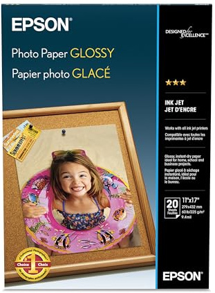 Epson Glossy Photo Paper 52 lbs., 11 x 17, Pack of 20 Sheets, (S041156), White