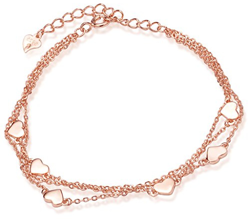 Yumilok 925 Sterling Silber Herzen Charm-Armband Armkette 3 Kettchen Armschmuck für Damen Mädchen, 6.3-7.7 Verstellbar, Silber/Silber vergoldet