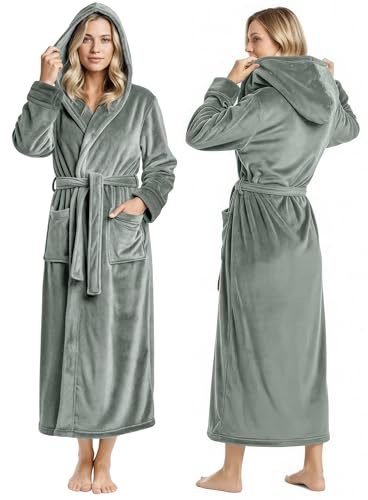 NY Threads Peignoir à capuche en polaire pour femme – Peignoir long en peluche, gris acier, M