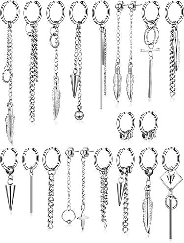 20 Pieces Men Dangle Earrings Stainless Steel Huggie Hinged Hoop for Women(Silver)