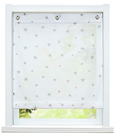 ESLIR Raffrollo ohne Bohren Raffgardinen mit Ösen Voile Gardinen Küche Transparent Ösenrollo mit Haken Sterne-Motiven Grau BxH 100x140cm 1 Stück