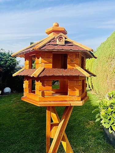 DARLUX Vogelvilla wetterfest von L bis XL Futterhaus Vogelhaus mit oder ohne Ständer in Braun mit Rot, Grün oder Blau für Garten und Balkon (Größe XL mit Ständer, Rot - Braun)