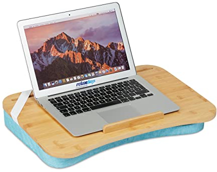 Relaxdays Laptopkissen, Bambus, Memory Foam Kissen, BxT: 51 x 36 cm, Tragegriff, Kissentablett Bett & Sofa, Natur/blau