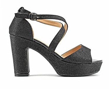 MODELISA - Sandalia Tacón Ancho Brillo Con Plataforma Tiras Cruzadas Punta Abierta Fiesta Mujer (Negro, numeric_39)