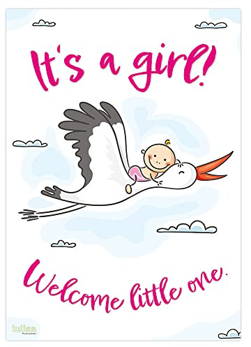 iulias Freude schenken! Poster zur Geburt Mädchen: It´s a girl! - Welcome little one I Willkommen Baby I DIN A2 I Plakat mit Storch zur Begrüßung von Mama und Baby I Babydeko Babyparty Klapperstorch
