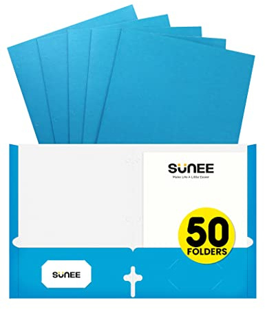 SUNEE Folders with Pockets 3 Hole Punched(50 Pack, Blue), 2 Pocket Folders Fit Letter Size Paper, Paper File Folder for School Office Home Bussiness