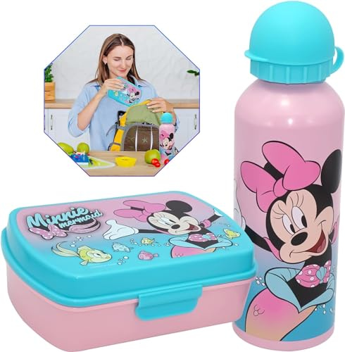 2Pk Minnie Mouse bouteilles d'eau pour enfants 500ml et 20cm Boîte à lunch en plastique pour bouteille d'eau de sport en aluminium Cadeau pour l'école et les pique-niques 3+