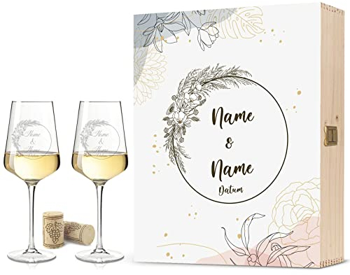 GRAVURZEILE Leonardo Weingläser mit Gravur - Pampasgras - Personalisiert mit Namen & Datum bedruckter inkl. Holzkiste - Geschenk zur Hochzeit, Verlobung oder zum Valentinstag - Farbe: Große Kiste UV