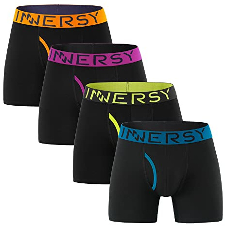 INNERSY Underbyxor herr bomull boxershorts herr långa retroshorts underkläder med gylf, 4-pack, Klassisk svart, M