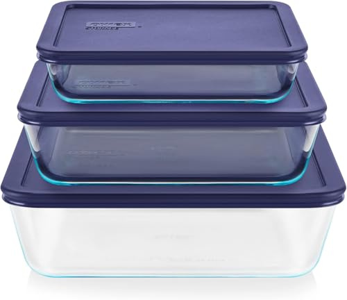 Pyrex Simply Store (3-Pack) Rectangular Glass Food Storage Containers Set, (3, 6 & 11 Cup) Meal Prep Containers With Plastic BPA-Free Lids, Dishwasher & Microwave Safe