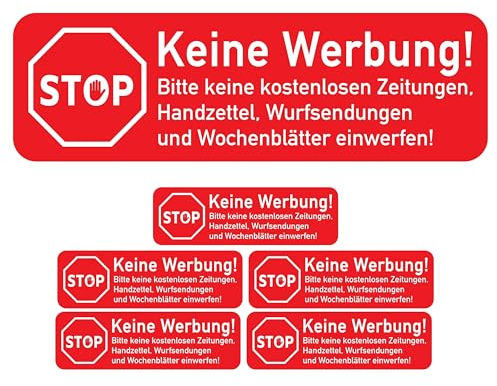 Briefkastenaufkleber Keine Werbung, 6 Stück, 67 x 21 mm, selbstklebende Folie, Briefkastenschild für Innen- und Außenbereich, Keine Werbung Aufkleber für Briefkasten, Hinweisschild Brief Kasten