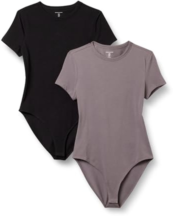 Amazon Essentials Body t-Shirt Coupe Slim en Jersey de Coton Extensible Femme, Lot de 2, Gris/Noir, M