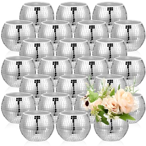 Jinei Discovasen, silberfarben, Spiegel-Diskokugeln, Blume, Glaskugel, Kerzenhalter, Glasvase für Hochzeit, Tischdekoration, Schlafzimmer, Büro, Geburtstagsdekoration, 7,6 x 10,2 cm, 24 Stück