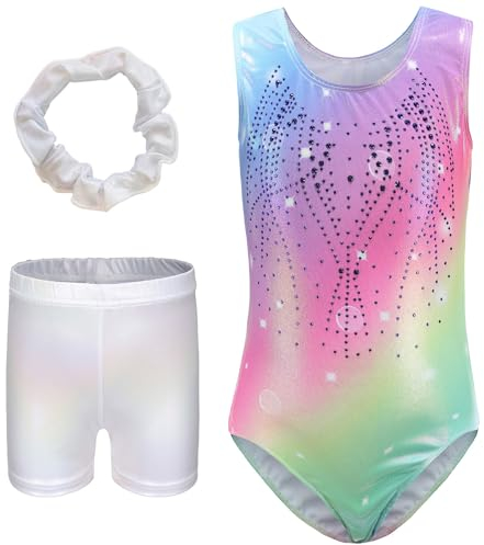Happy Cherry Kinder Gymnastikanzug Ärmellos Gymnastikbody Shorts Set Glänzende Turnanzug für Mädchen Kunstturnen Bekleidung 7-8 Jahre