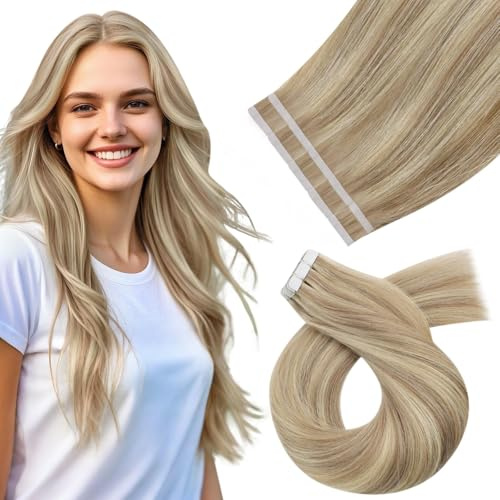 Moresoo Extensiones Adhesivas Pelo Natural Remy Extensiones Adhesivas con Mechas Rubio Ceniza con Rubio Dorado Invisible Tape in Hair Extensions Blonde 60cm 10 Piezas 25g #P16/22