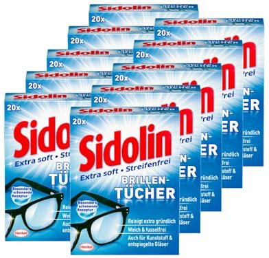 Sidolin Brillenputztücher 200 (10 x 20) Stück, feuchte Reinigungstücher für Brillen, Displays, Bildschirme, reinigen mühelos und fusselfrei, optimal für unterwegs