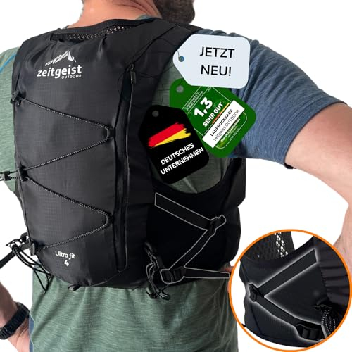 zeitgeist OUTDOOR® Laufweste Damen und Herren 4L | optimale Passform | atmungsaktiv | ultraleichter Laufrucksack 210gr Trinkrucksack Laufen Fahrradrucksack Trailrunning Rucksack - (XS/S, schwarz)
