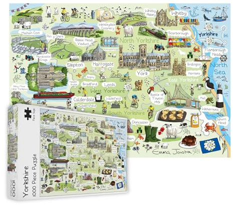 Great British Jigsaws – Yorkshire Map 1000 Piece Jigsaw Puzzles for Adults – Illustrated Country Maps, Eco-Friendly, Perfect for Puzzle Enthusiasts – 69 x 48cm Completed Size