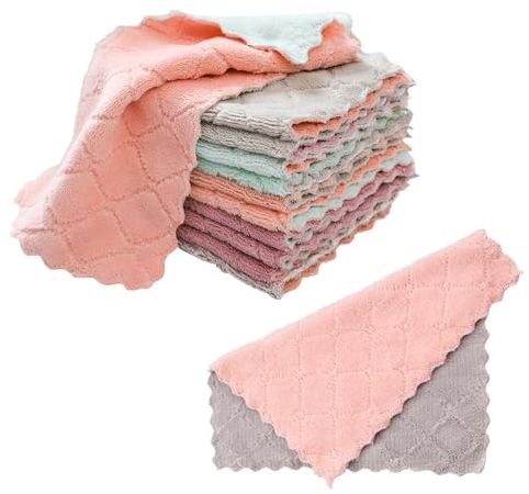 DHSBGWSX Lot de 12 torchons en velours corail, chiffons de nettoyage de cuisine, chiffons en microfibre, chiffons absorbants et éliminant l'huile, lavettes réutilisables, éponges à récurer double face