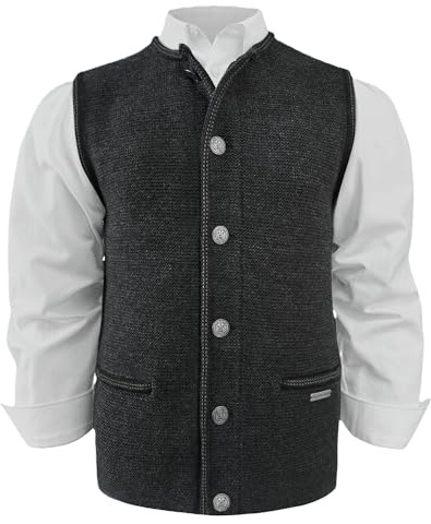 Trachtenweste Strickweste Trachtengilet Strickgilet Strickjacke ohne Arm Gilet Herren Trachtenjacke Jacke ärmellos Weste Schurwollmischung Strick waschbar dunkelgrau braun, Größe:52, Farbe:grau