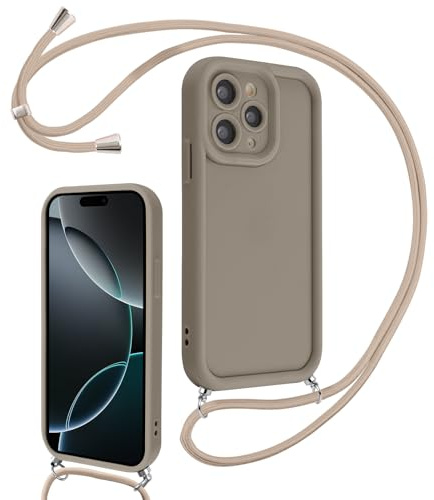 Coalbooliy Coque pour iPhone 16 Pro 6,3 avec Cordon de Collier Réglable, Etui Protection de la Caméra Silicone Souple TPU Antichoc Housse avec Corde Lanyard Cover pour Femmes Filles, Kaki