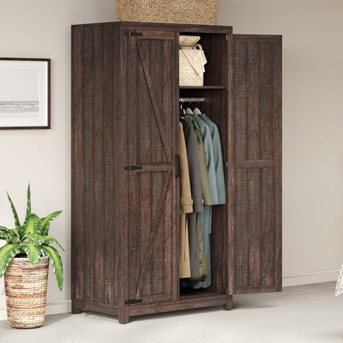 LUXOAK 70 Large Armoire Wardrobe Closet with Hanging Rod, Farmhouse Clothing Storage Cabinet with 2 Barn Doors, Wooden Tall Bedroom Armoires with Shelf, Espresso