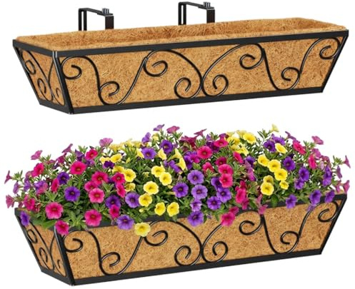 HFHOME Set of 2 60.9cm/24in Wall Trough Rail Planters, Metal Butterfly Planter Box with Coco Liner, Long Flowerpot for Railing Window Box Porch Balcony & Outdoor Fences