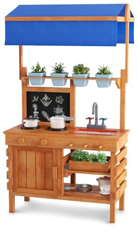 COSTWAY Mud Kitchen, Fir Wood Outdoor Kitchen Playset with Adjustable Canopy, Sink, 4 Pots, Chalkboard, Kids Potting Bench for Boys Girls Ages 3+