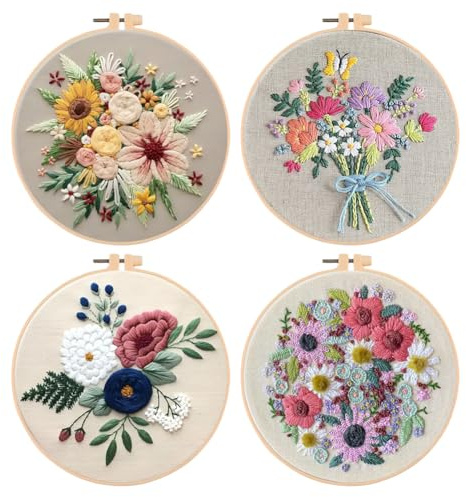 Generisch Stickset Embroidery Kit,3/4 Stück Stickerei Set Anfänger,Sticken Set Erwachsene, Stick Sets zum Sticken Anfänger Stickbilder Vorgedruckt mit Blumenmuster für DIY Kunst,Handwerk