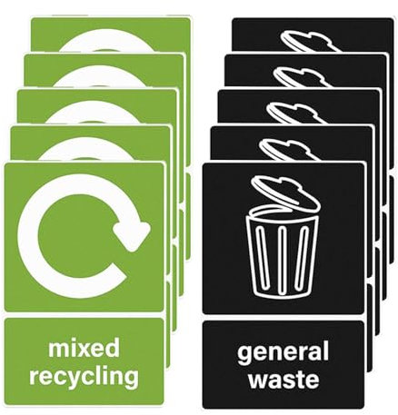 10Pcs Recycling Bins Stickers General Waste Decals Self Adhesive Bin Stickers Waterproof Plastic Sign Removable Mixed Recycling Signs for Kitchen Home Office Restaurant,160×120mm