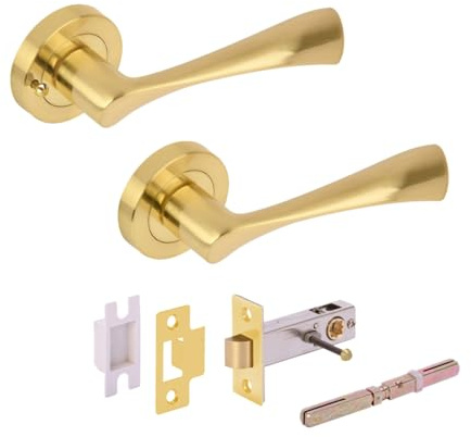 Hunta HANDLEZONE® Zena Privacy Lever On Round Rose Door Handles, with Privacy Latch, for Bathroom, Toilet, WC Doors, 1 Set - Brushed Brass