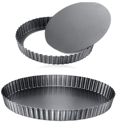 2 moldes antiadherentes para quiche de 22 cm + 28 cm con base suelta estriada para hornear, quiches, flanes, plato redondo estriado, molde para tartas, quiche, acero al carbono, gris oscuro